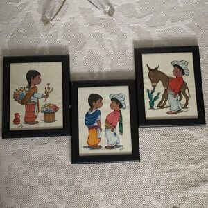 3 Vintage 60’s Mexican Whimsical Folk Art Painting Signed San Juan